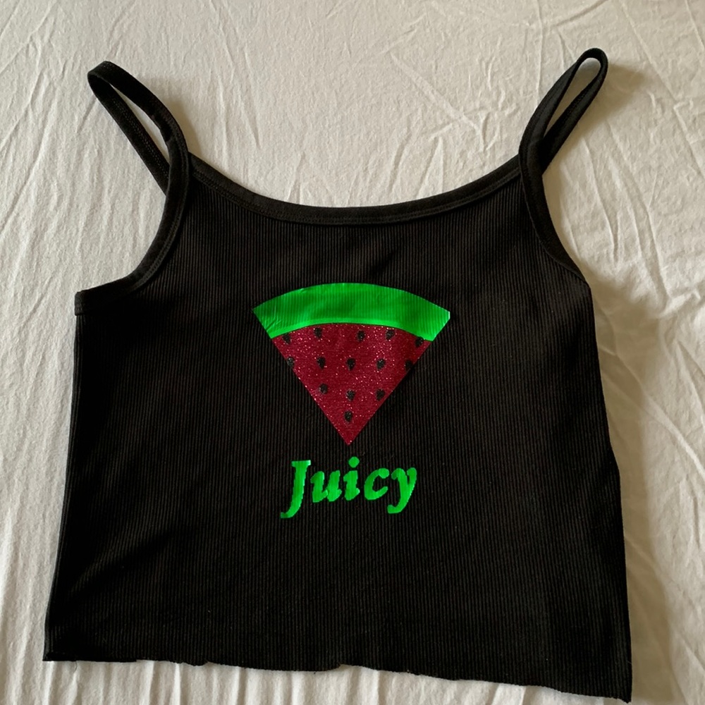 Black embellished camisole crop top with raw hem